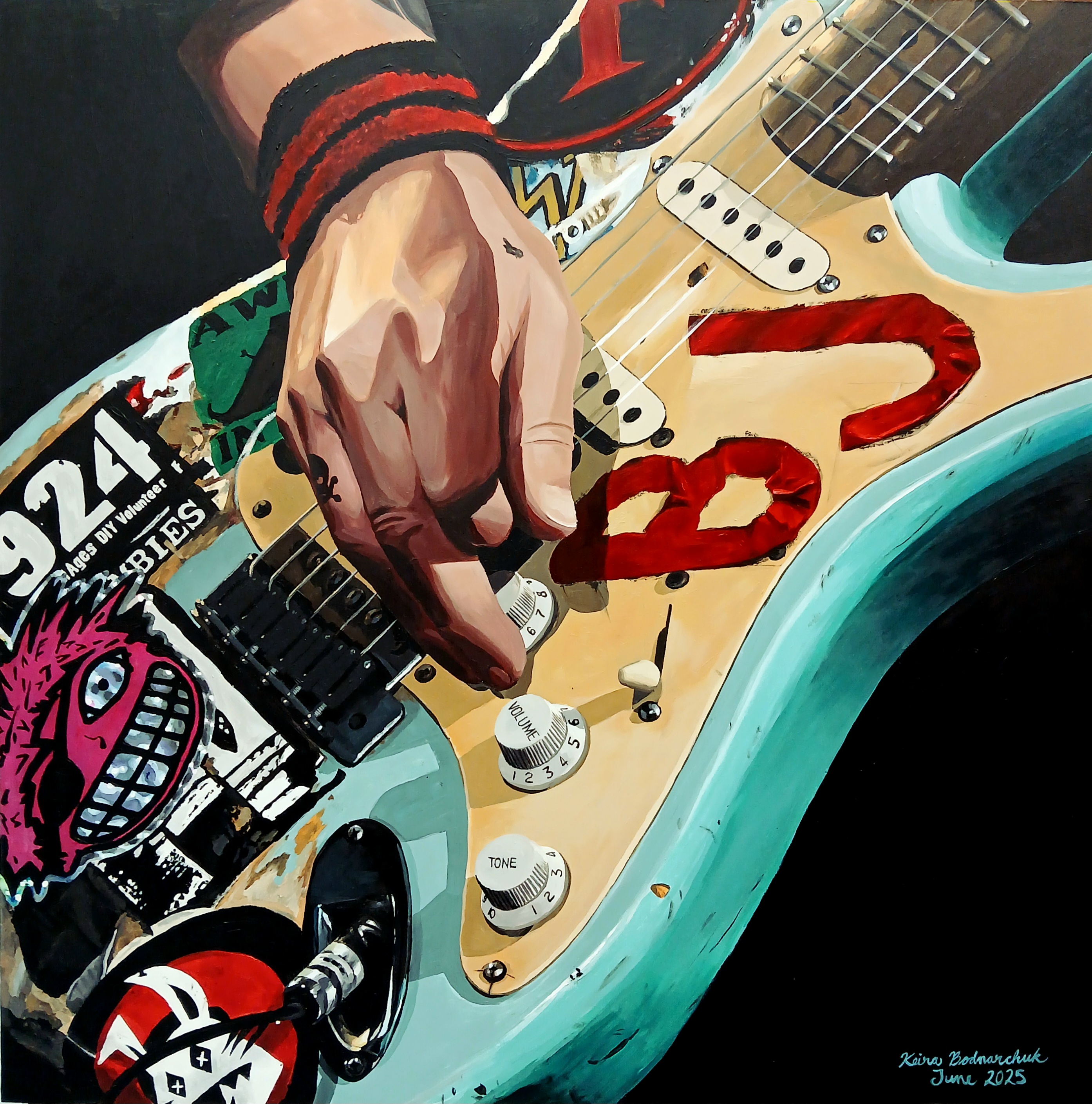 acrylic painting of billie joe armstrong's guitar